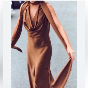 Zara chocolate brown satin effect maxi dress with neck scarf